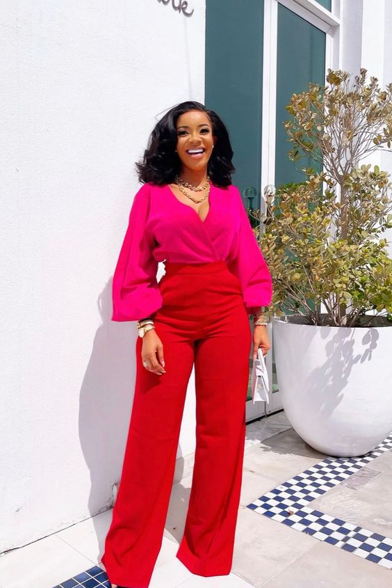 Hot Pink Blouse with Red Wide-Leg Pants